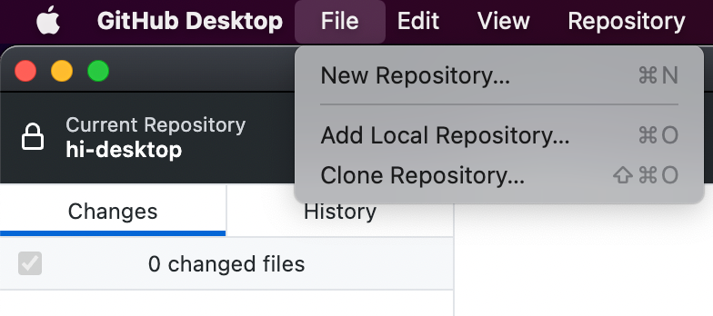 Mac의 메뉴 모음에서 스크린샷. 리포지토리에 대한 작업은 열려 있는 "파일" 드롭다운 메뉴에 나열됩니다.