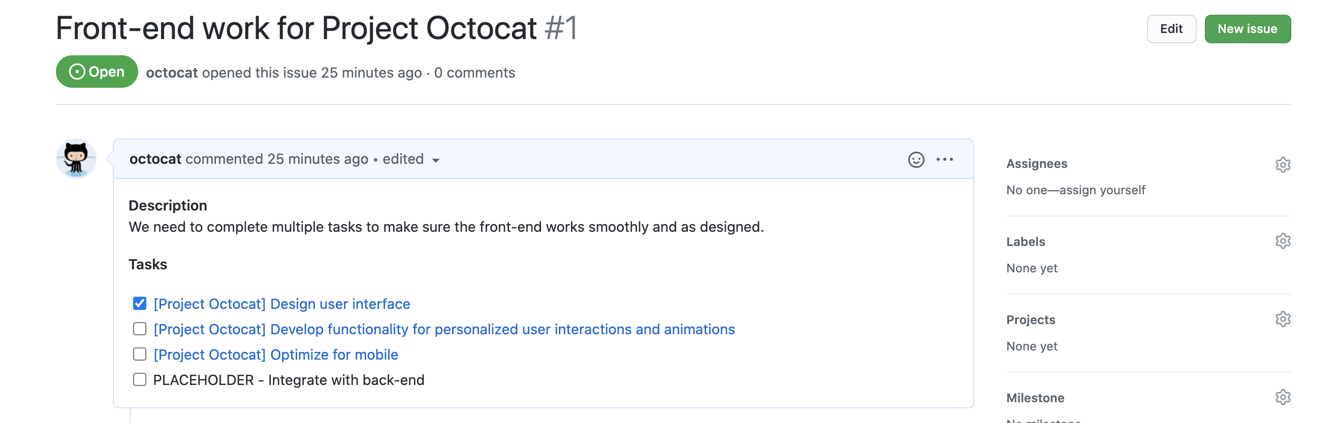 Captura de tela de um problema chamado "Trabalho de front-end do Projeto Octocat". O corpo do problema contém uma lista de tarefas, com uma caixa de seleção antes de cada link de problema.