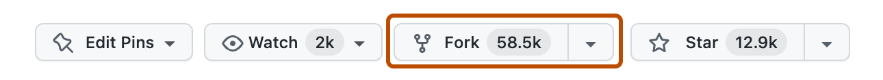 GitHub 存储库中四个选项菜单的屏幕截图。 标有“分叉”的菜单显示 58.5k 的分叉计数，并用深橙色框出。