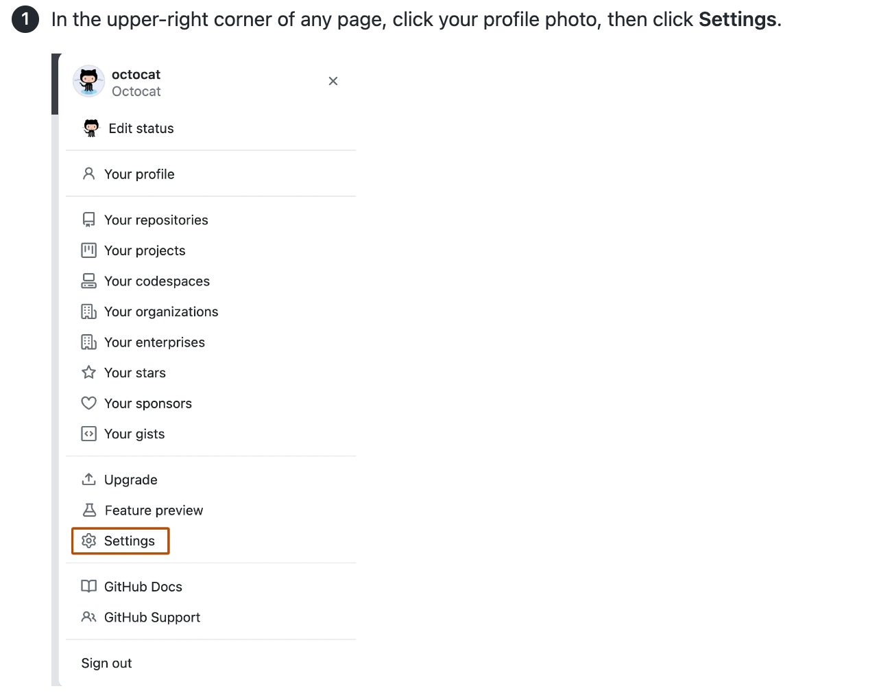 Captura de tela de um artigo que mostra instruções e uma captura de tela da interface do usuário para localizar o item de menu "Configurações" no menu da conta de usuário do GitHub.