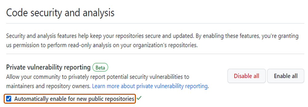 Screenshot of the "Code security and analysis" page with the "Automatically enable for new public repositories" checkbox emphasized for private vulnerability reporting.