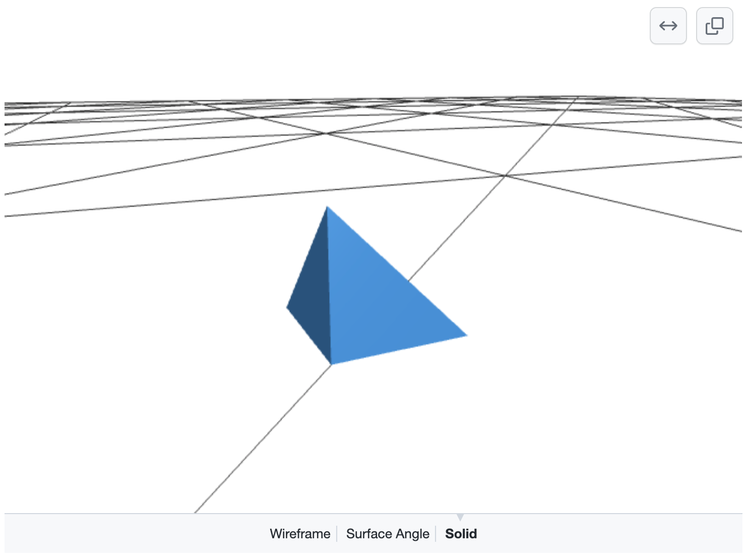 Снимок экрана: отрисованная трехмерная модель, показывающая синюю пирамиду на вершине сетки черных линий на белой земле. Параметры выбора "Проводной кадр", "Угол поверхности" или "Твердый" отображаются внизу.