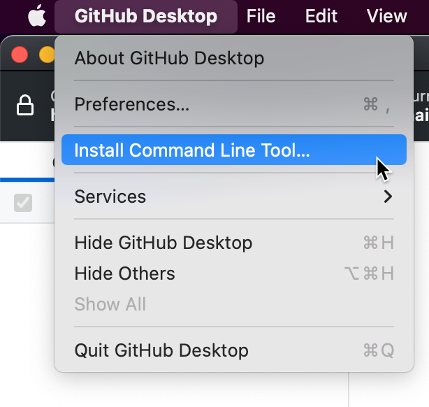 Mac의 메뉴 모음에서 스크린샷. 확장된 "GitHub Desktop" 드롭다운 메뉴에서 커서가 파란색으로 강조 표시된 "명령줄 도구 설치"를 마우스로 가리킵니다.