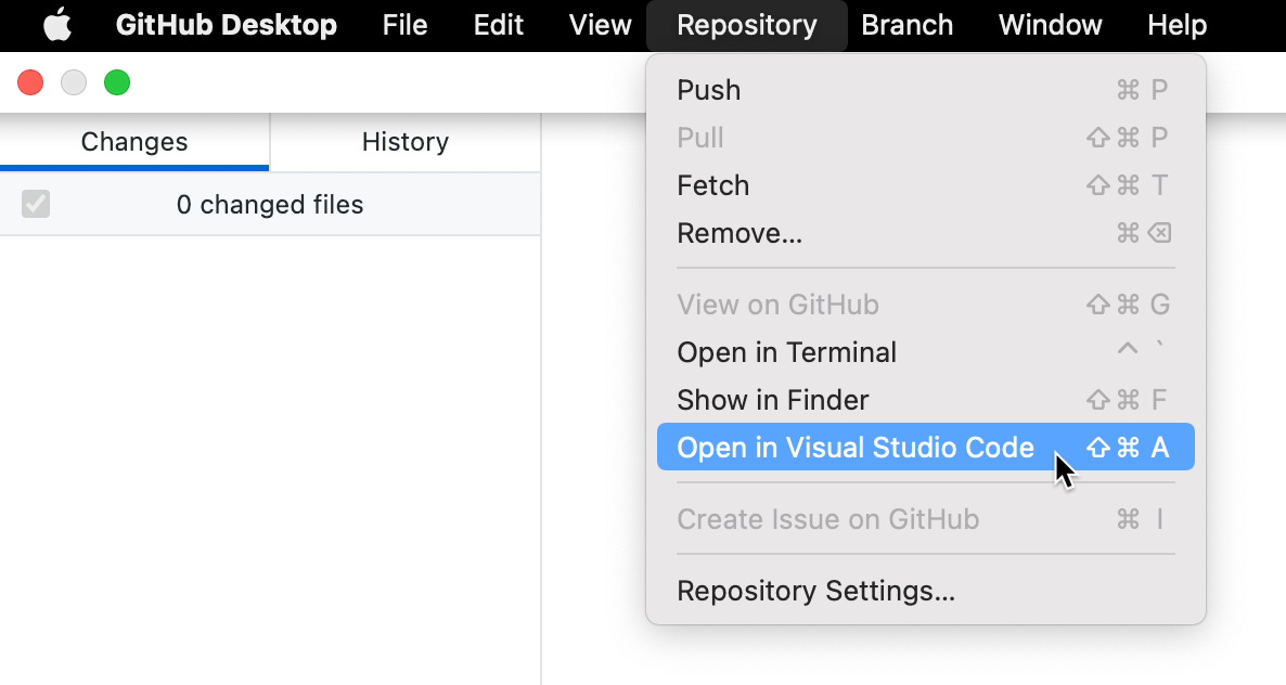 Снимок экрана: строка меню на Компьютере Mac. В раскрывающемся меню "Репозиторий" курсор наведите указатель мыши на "Открыть в Visual Studio Code", выделенный синим цветом.