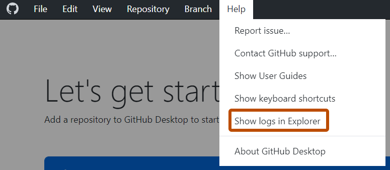 Снимок экрана: строка меню "GitHub Desktop" в Windows. В раскрывающемся меню "Справка" параметр с надписью "Показать журналы в Обозреватель" описан оранжевым цветом.