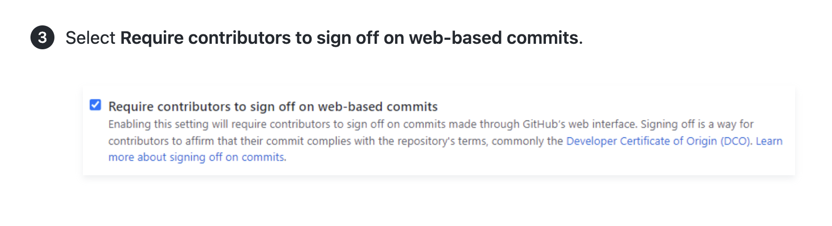 Screenshot of an article showing instructions and a UI screenshot for requiring contributors to sign off on web-based commits.