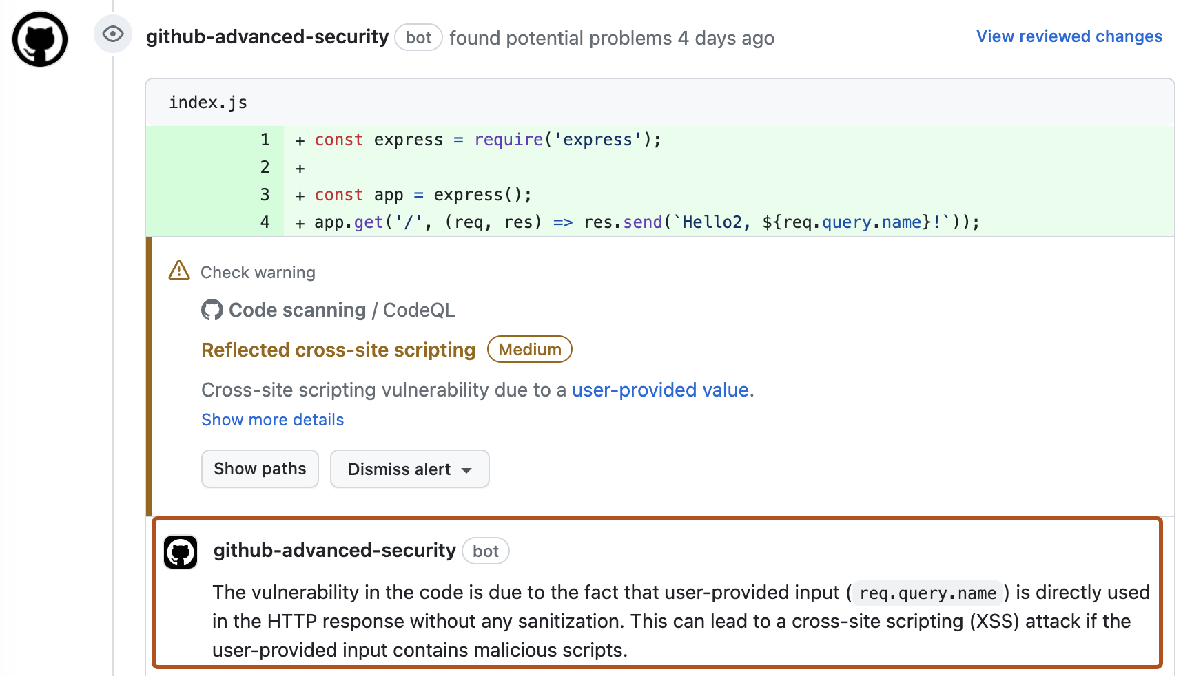 Captura de tela da falha de verificação para um alerta de code scanning em uma solicitação de pull. Parte da sugestão de "correção automática" é contornada em laranja escuro.
