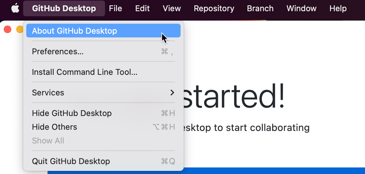 Mac의 메뉴 모음에서 스크린샷. 열려 있는 "GitHub Desktop" 드롭다운 메뉴에서 커서가 파란색으로 강조 표시된 "GitHub Desktop 정보"를 가리킵니다.