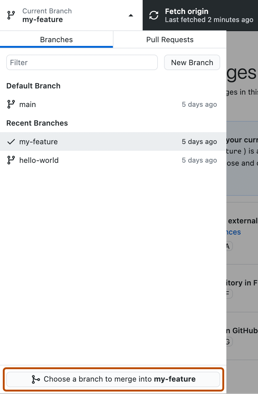 Captura de tela da exibição suspensa "Branch Atual". Abaixo de uma lista de ramificações, um botão chamado "Escolher um branch para mesclar com meu recurso" é contornado em laranja.