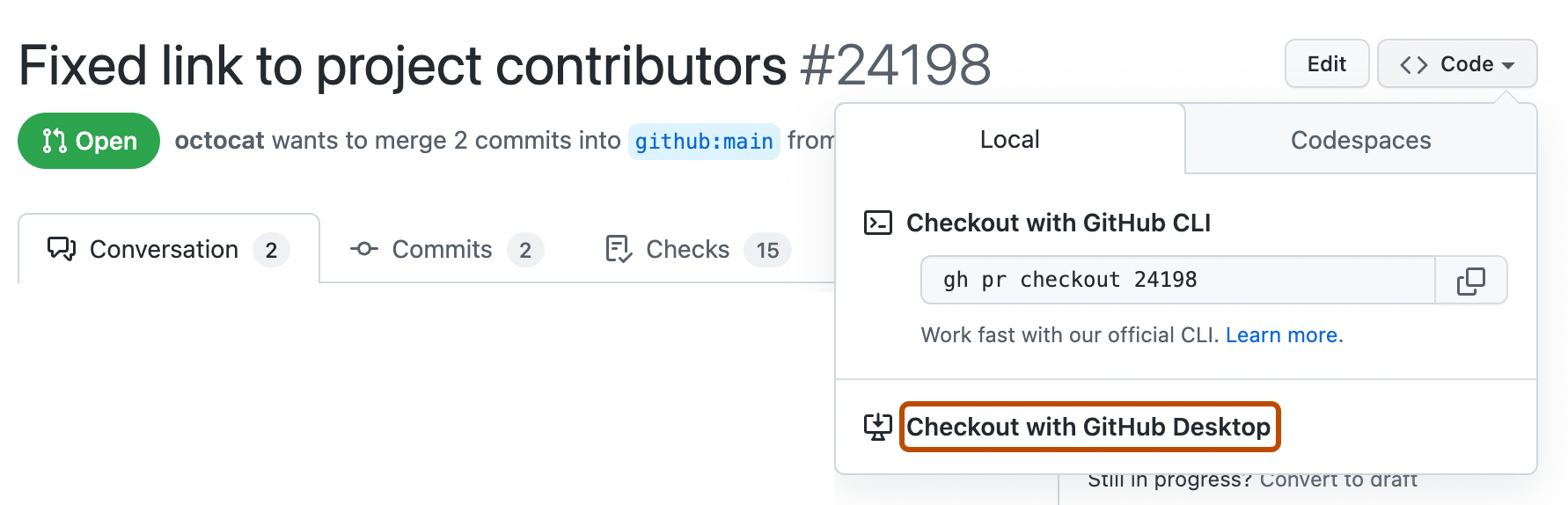 GitHub での pull request のスクリーンショット。 [コード] ドロップダウン メニューが展開され、[GitHub Desktop でチェックアウト] というラベルのボタンがオレンジ色で囲まれています。