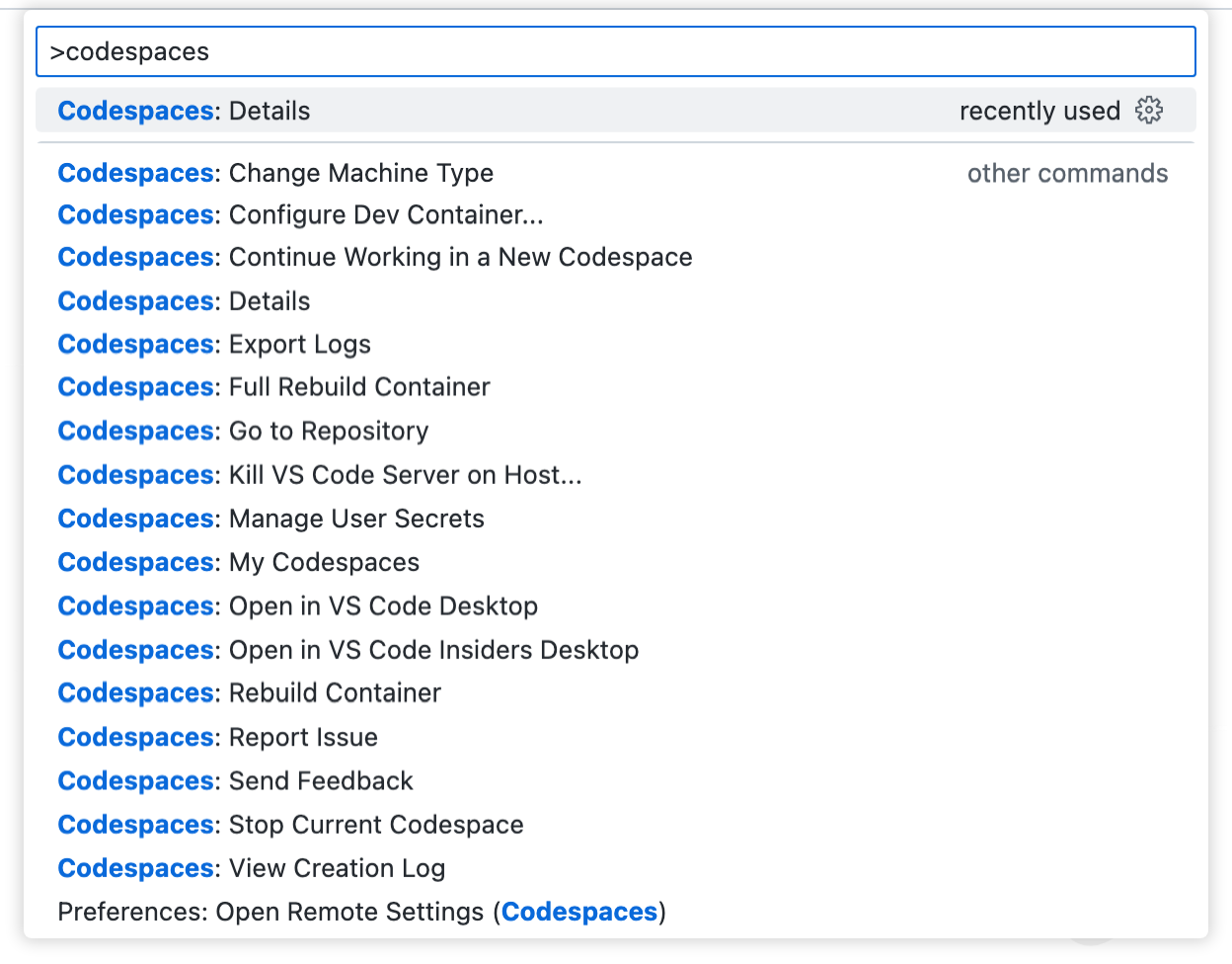 Снимок экрана: палитра команд с введенными пространствами кода. В раскрывающемся списке перечислены все команды, относящиеся к GitHub Codespaces.