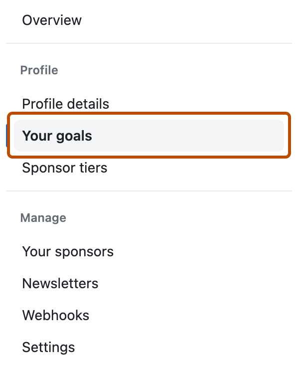 GitHub Sponsors 대시보드의 사이드바 스크린샷 "프로필" 섹션의 탭에 "목표"라는 레이블이 진한 주황색 윤곽선으로 표시되어 있습니다.
