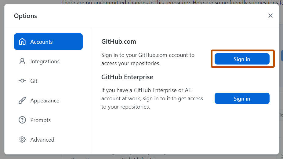 "옵션" 창의 "계정" 창 스크린샷입니다. "GitHub.com" 옆에는 "로그인"이라는 레이블이 지정된 단추가 주황색으로 표시됩니다.