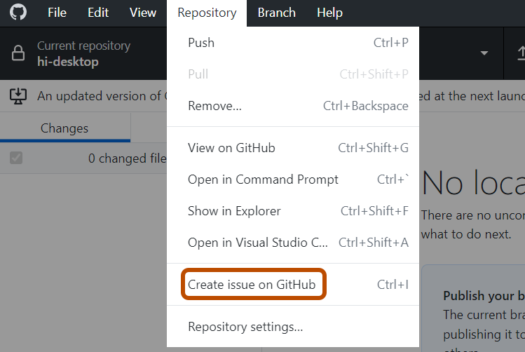 Снимок экрана: строка меню "GitHub Desktop" в Windows. В раскрывающемся меню "Репозиторий" параметр с надписью "Создать проблему на GitHub" описан оранжевым цветом.
