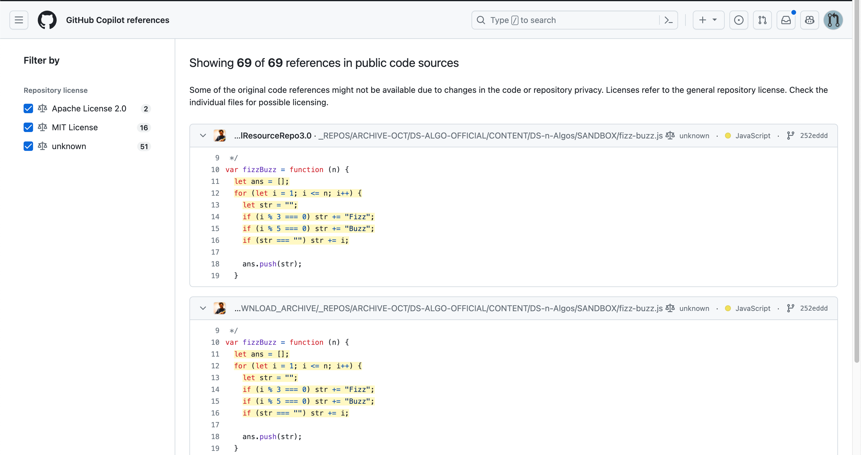 Screenshot of code references listed on GitHub.com.