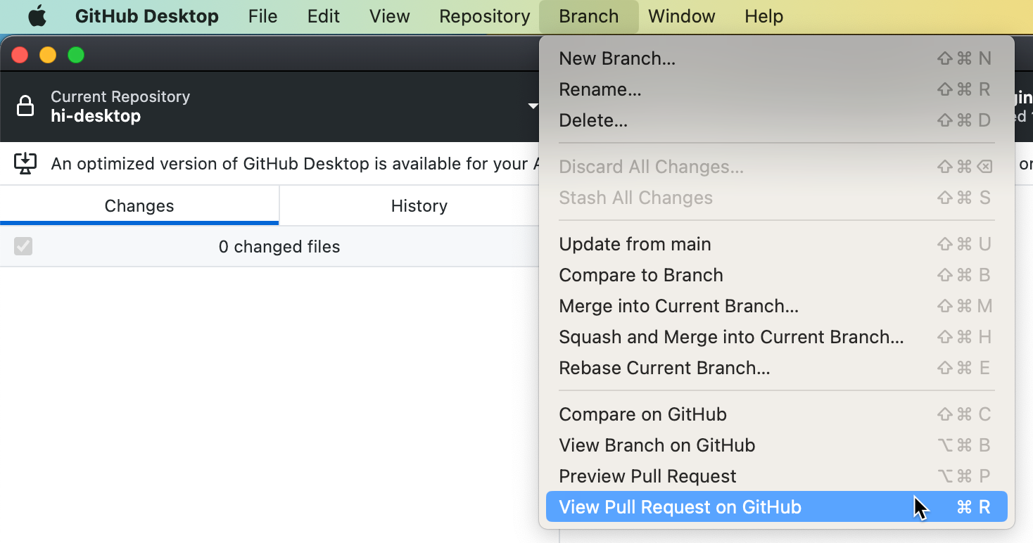 Снимок экрана: строка меню на Компьютере Mac. Раскрывающееся меню "Ветвь" развернуто, а курсор наведите указатель мыши на "Просмотреть запрос на вытягивание по GitHub".