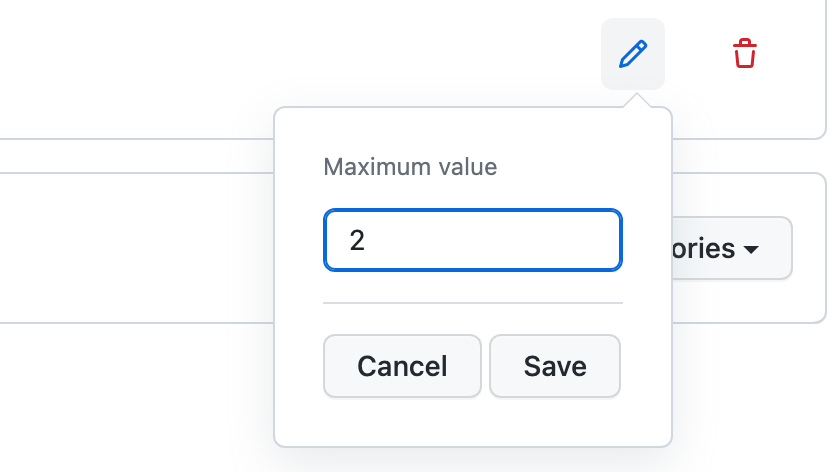 Captura de tela da caixa de diálogo 'Valor máximo' com o valor '2' sendo inserido e os botões 'Cancelar' e 'Salvar'.