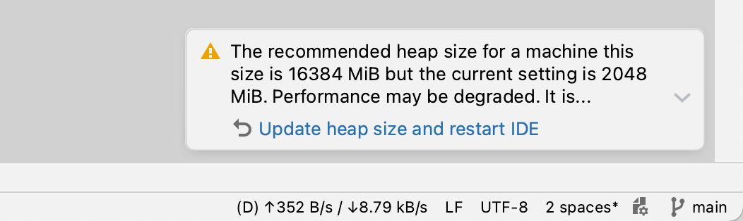 Captura de tela da mensagem que recomenda o aumento do tamanho do heap.