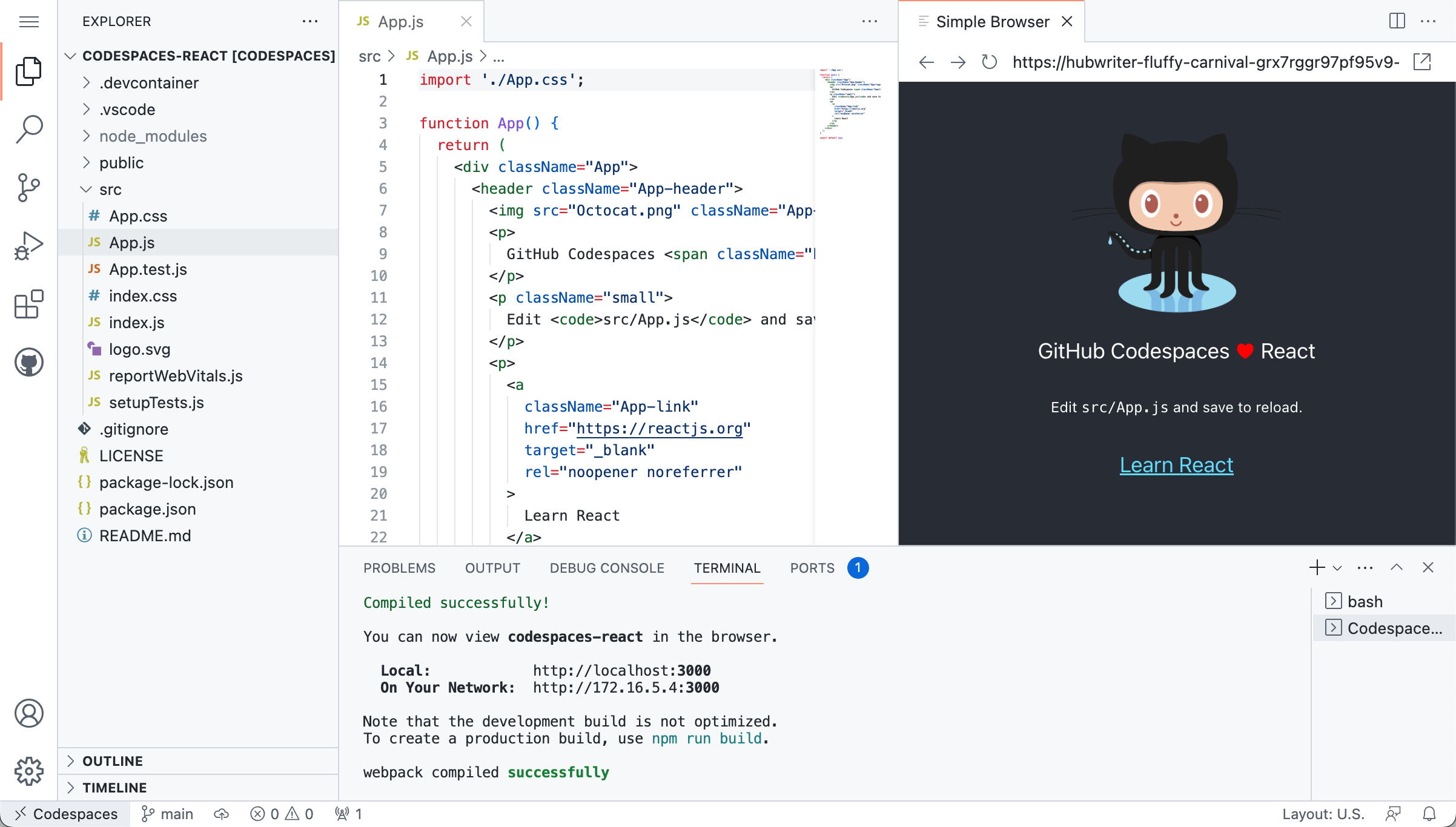 VS Code の単純なブラウザーのスクリーンショット。GitHub の React テンプレートで Web アプリケーションをレンダリングしています。