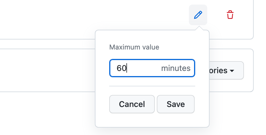Capture d'écran d'une liste déroulante avec un champ intitulé « Valeur maximale » défini sur 60 minutes. À droite du champ se trouve un bouton « Enregistrer ».