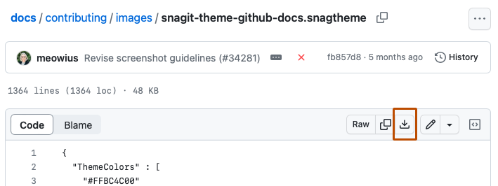 "snagit-theme-github-docs.snagtheme" のファイル ビューのスクリーンショット。 ファイルのヘッダーには、ダウンロード アイコンのラベルが付いたボタンが濃いオレンジ色の枠線で囲まれています。