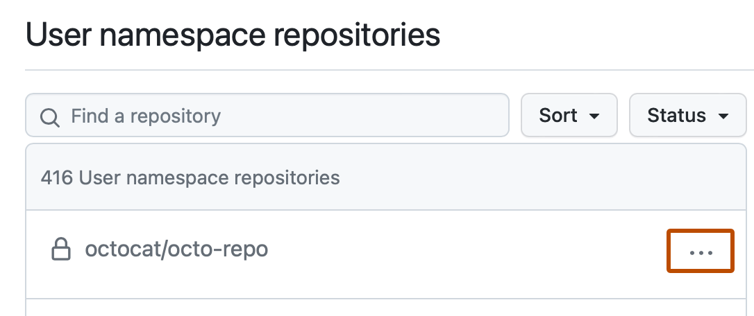 Captura de pantalla de la lista de repositorios de espacios de nombres de usuario. A la derecha de un repositorio, se resalta un icono de kebab en naranja oscuro.