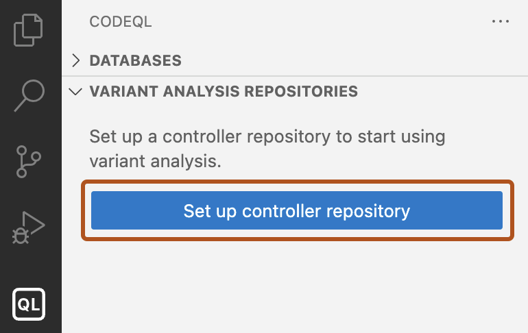 Screenshot of the "Variant Analysis Repositories" view. The button to "Set up controller repository" is highlighted in dark orange.