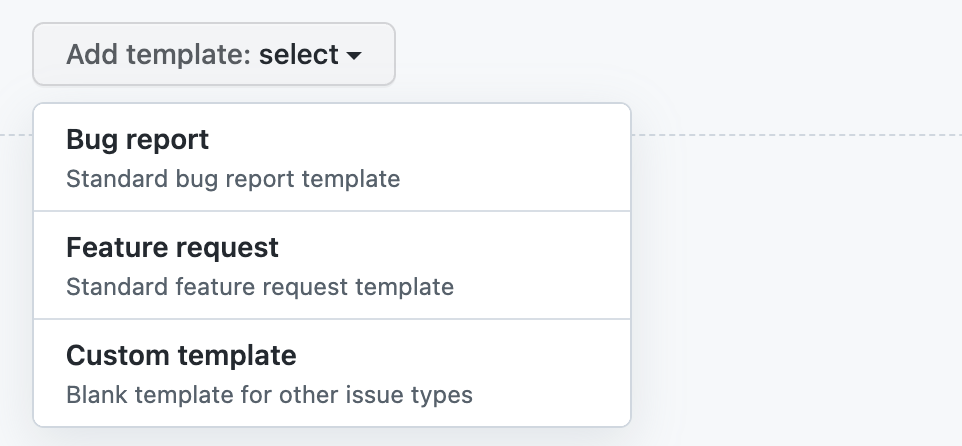 Captura de tela do menu suspenso "Adicionar modelo" expandido para mostrar os modelos padrão "Relatório de bugs" e "Solicitação de recursos". Além disso, o "Modelo personalizado" está listado.