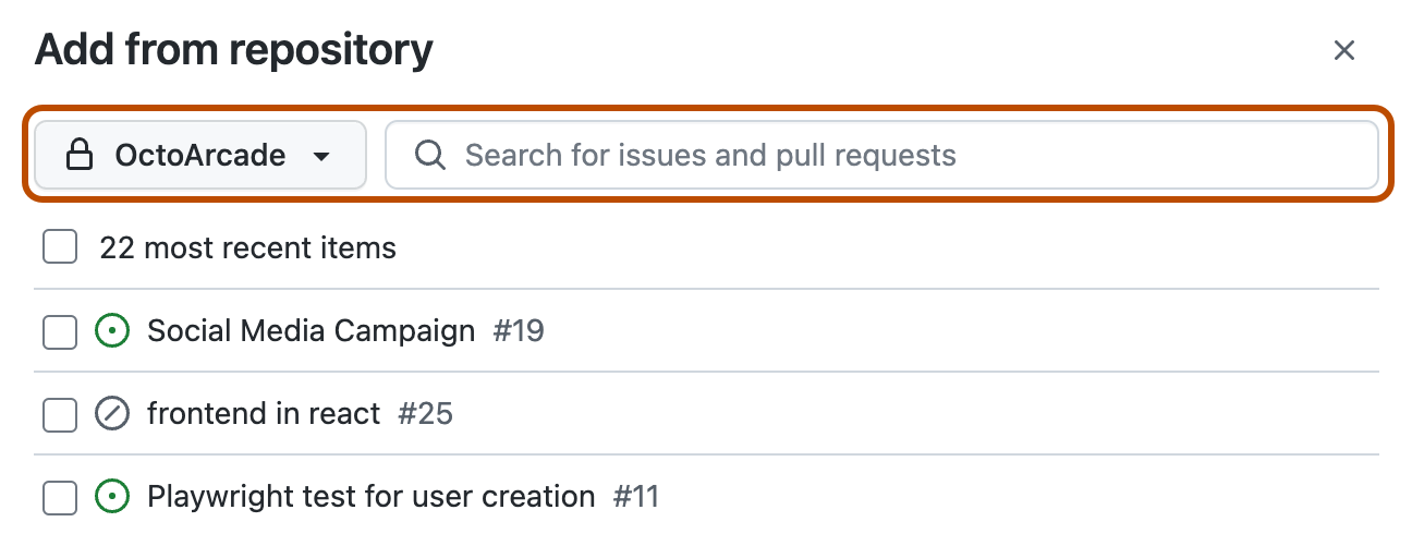 Screenshot: Formular „Aus Repository hinzufügen“. Die Dropdownliste und das Suchfeld für Repositorys sind orange umrandet.