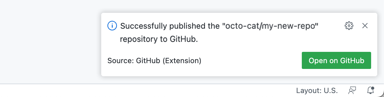 "GitHub에서 열기" 단추를 보여 주는 성공적으로 게시된 리포지토리에 대한 확인 메시지의 스크린샷.