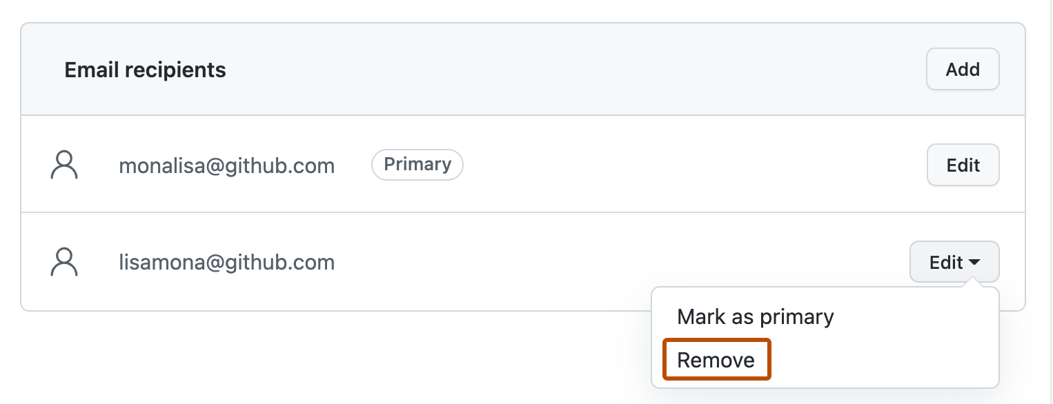 Captura de tela da seção "Destinatários de email". Ao lado de um endereço de email, na lista suspensa "Editar", a opção "Remover" é realçada com um contorno laranja.