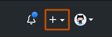 GitHub の任意のページの右上隅のスクリーンショット。 プラス アイコンがオレンジ色の枠線で強調されています。