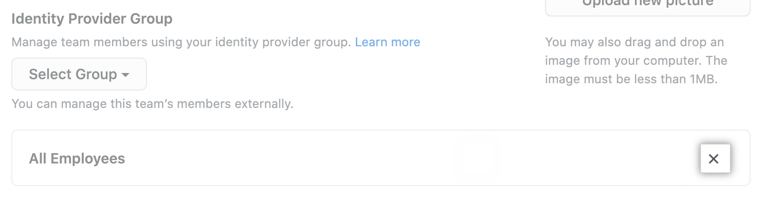 Отмените выбор подключенной группы поставщика удостоверений из команды GitHub.