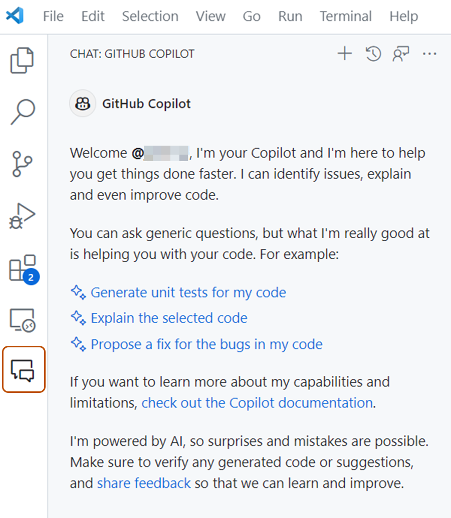 Captura de pantalla del icono de Copilot Chat en la barra de actividad.