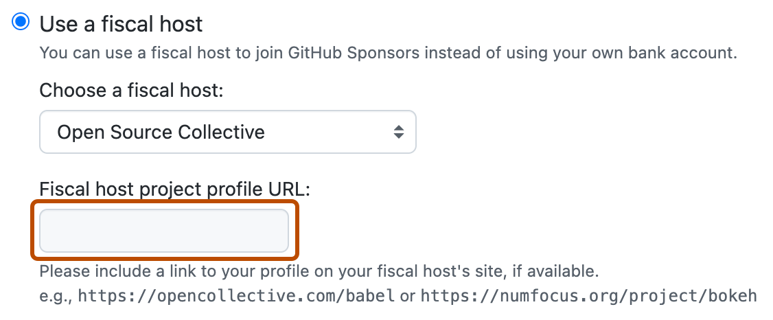 Captura de tela das opções de host fiscal para um perfil de patrocinador. Um campo de texto, rotulado como "URL do perfil do projeto de host fiscal", está contornado em laranja escuro.