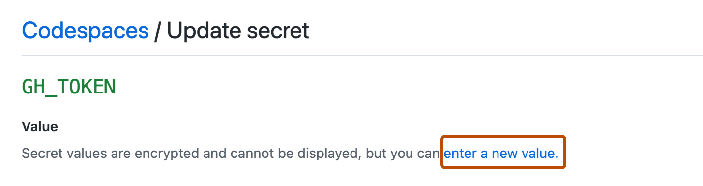 Captura de tela da página "Codespaces / Atualizar segredo". O link "inserir novo valor" será realçado com um contorno laranja escuro.