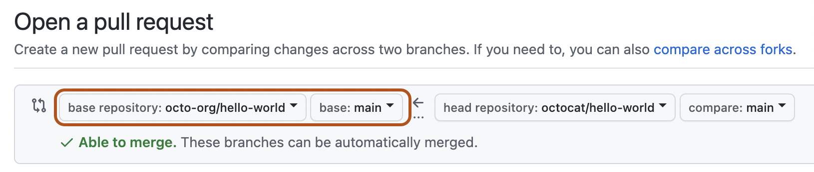 Drop-down menus for choosing the base fork and branch