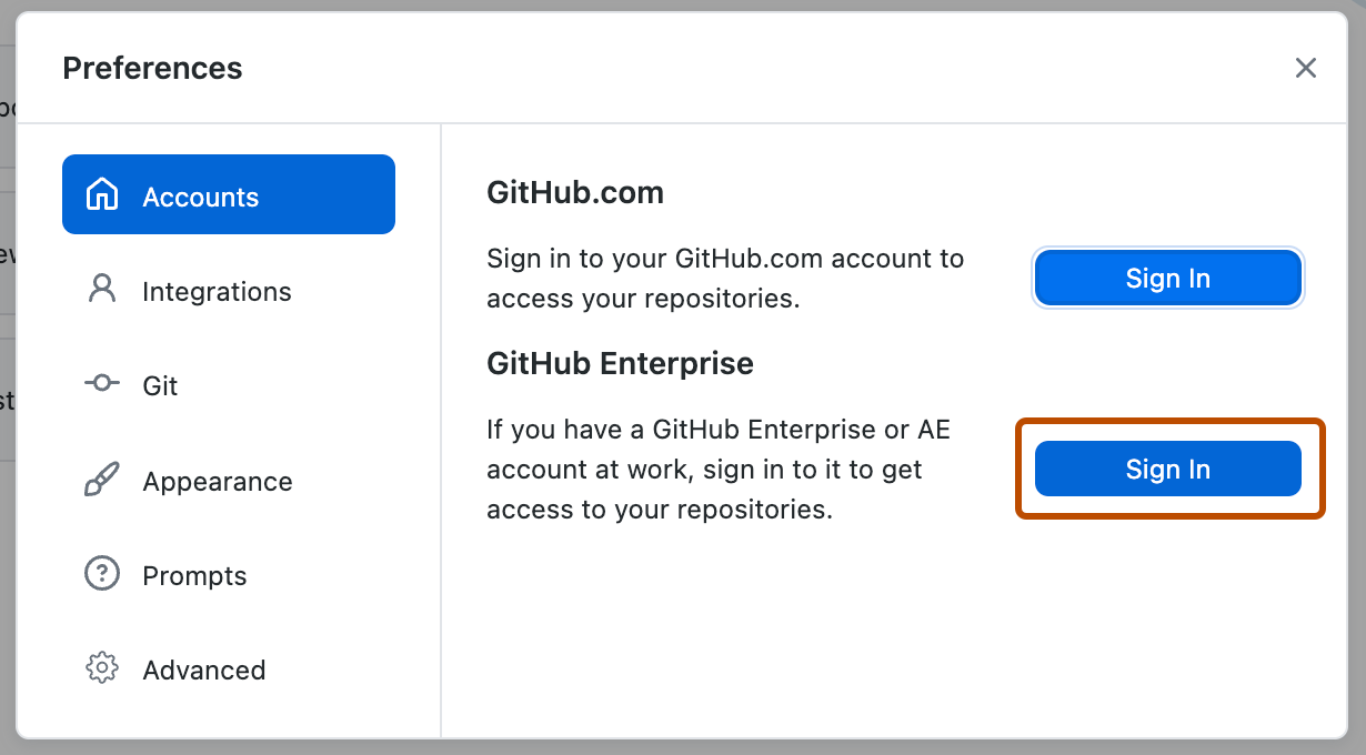 "기본 설정" 창의 "계정" 창 스크린샷입니다. "GitHub Enterprise" 옆에는 "로그인"이라는 레이블이 지정된 단추가 주황색으로 표시됩니다.