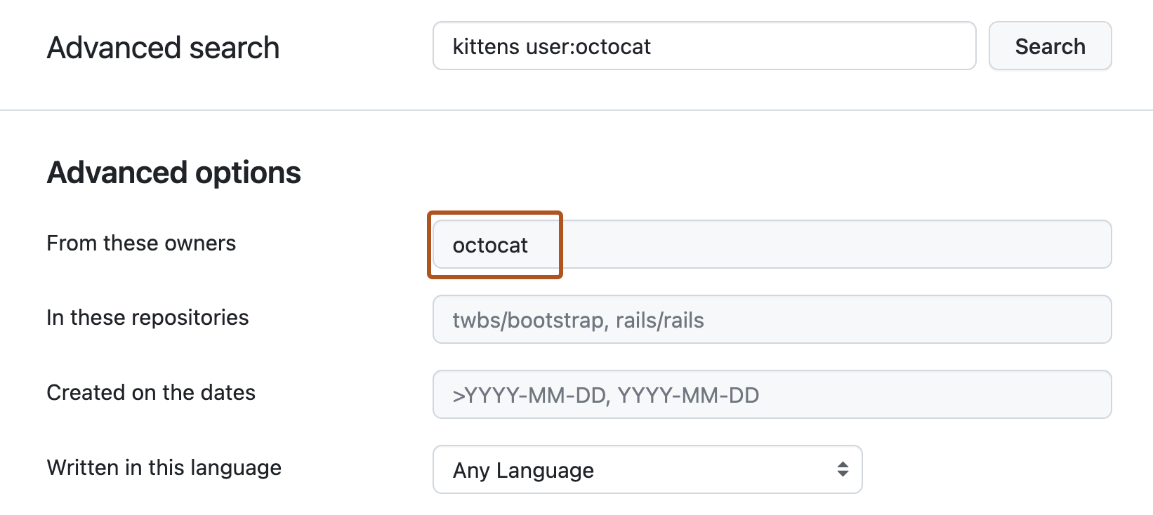 Advanced Search page. Top search bar holds "kittens user:octocat" query. Under "Advanced options", "From these owners" text box holds term "octocat".