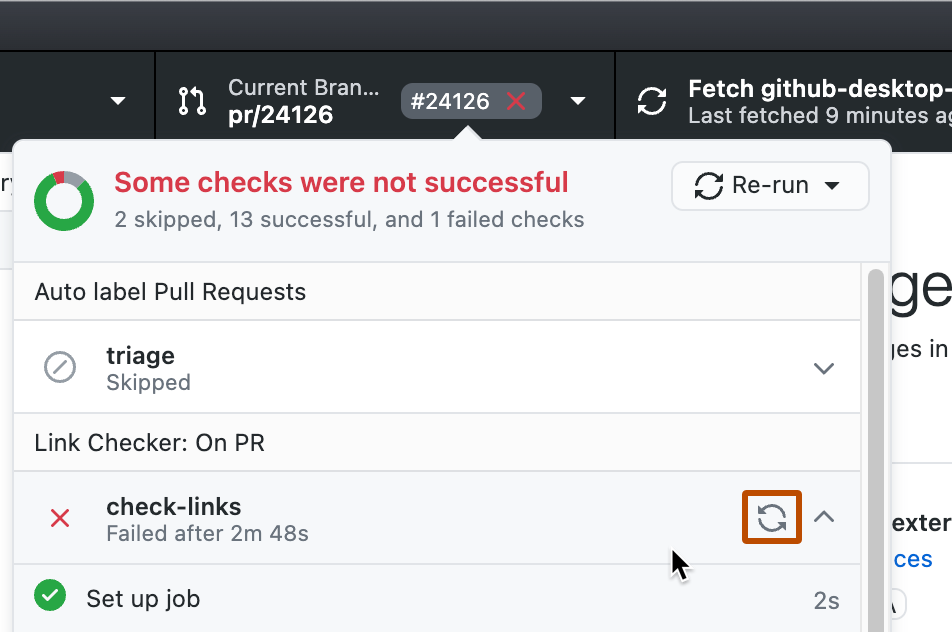 Screenshot of a dropdown view from a pull request label. The cursor hovers over a check, and an icon of two arrows forming a circle is outlined in orange.