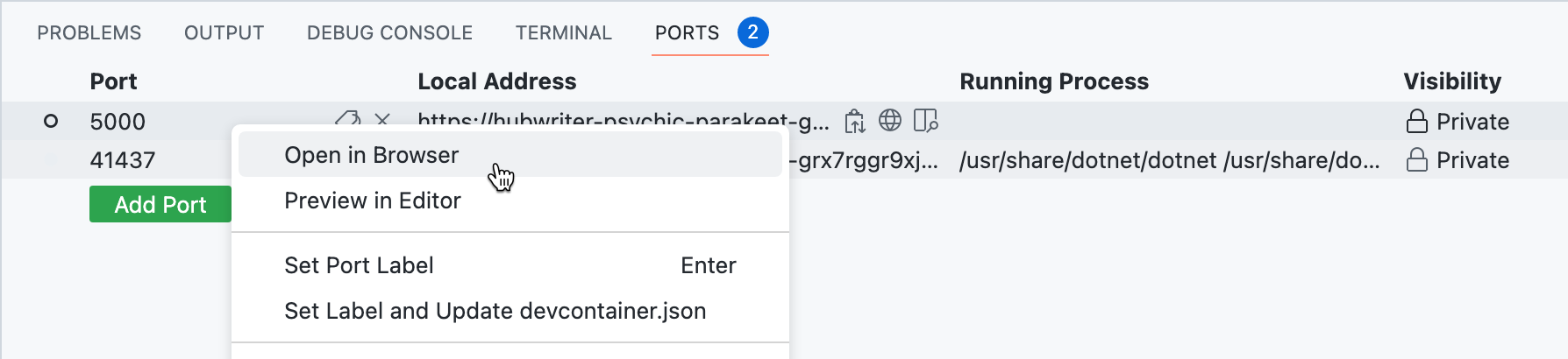 "브라우저에서 열기" 옵션을 가리키는 커서 포인터가 있는 오른쪽 클릭 메뉴를 보여 주는 "포트" 탭의 스크린샷.
