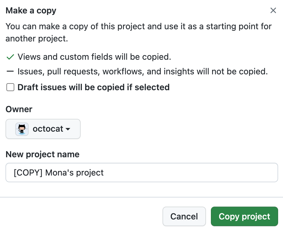 Captura de pantalla que muestra el formulario "Crear una copia"