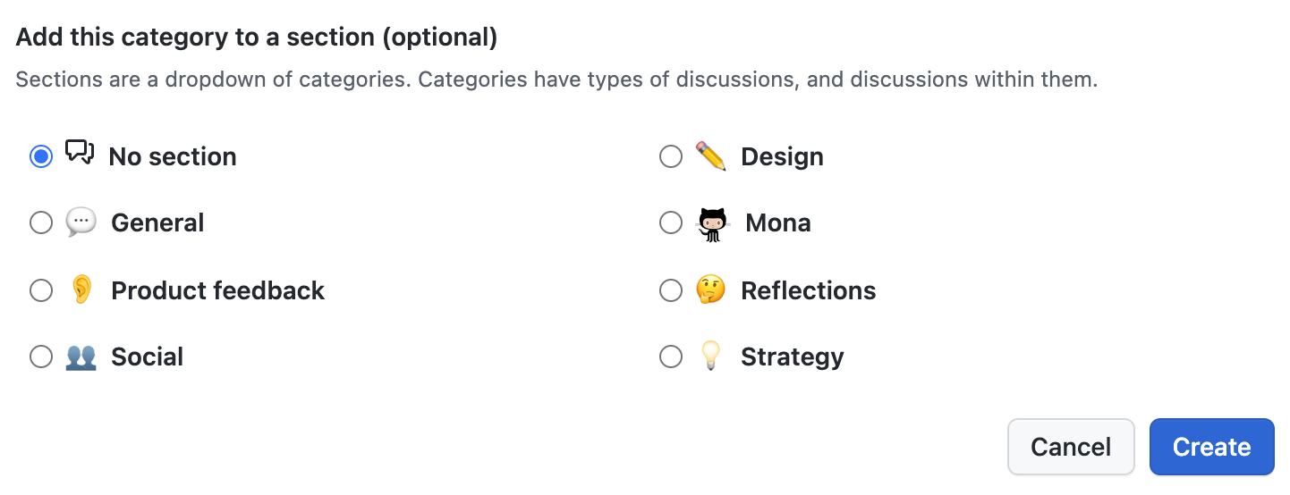 Screenshot of part of the "Create category" page, showing the option to add a category to a section.
