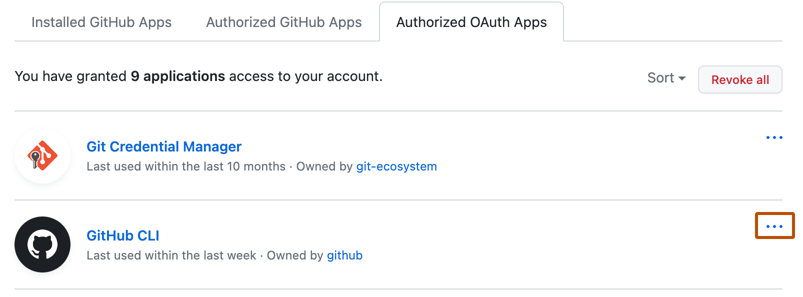 "권한 있는 OAuth apps" 탭의 스크린샷. 앱 이름의 오른쪽에 세 개의 가로 점 아이콘이 주황색 윤곽선으로 표시되어 있습니다.