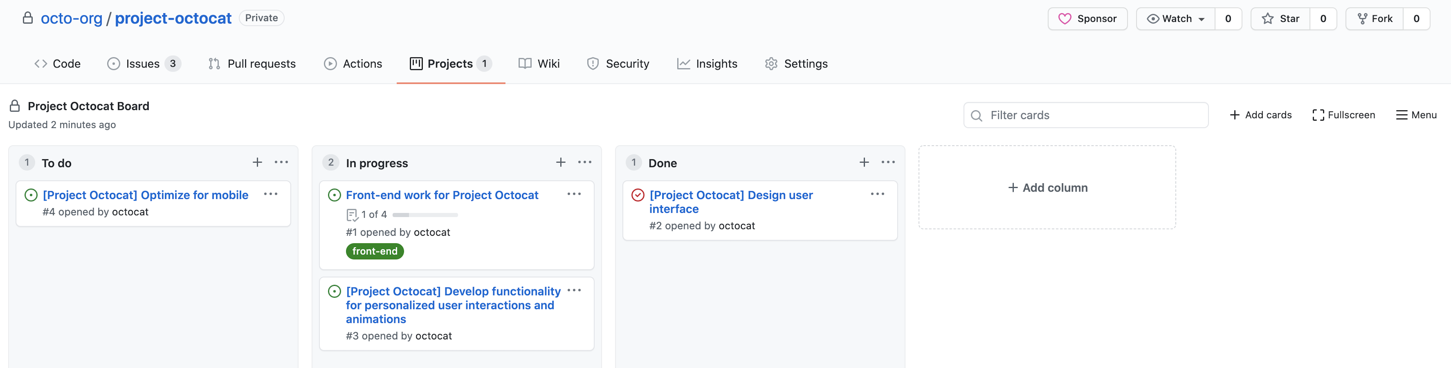 Screenshot eines Projekt (klassisch) namens „Project Octocat Board“ mit Issues, die Spalten für „To-do“, „In Bearbeitung“ und „Fertig“ enthalten