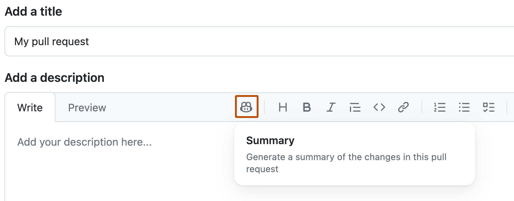 Captura de pantalla del formulario para crear una solicitud de incorporación de cambios. Se resalta un icono de Copilot y aparece un cuadro con el comando "Resumen".