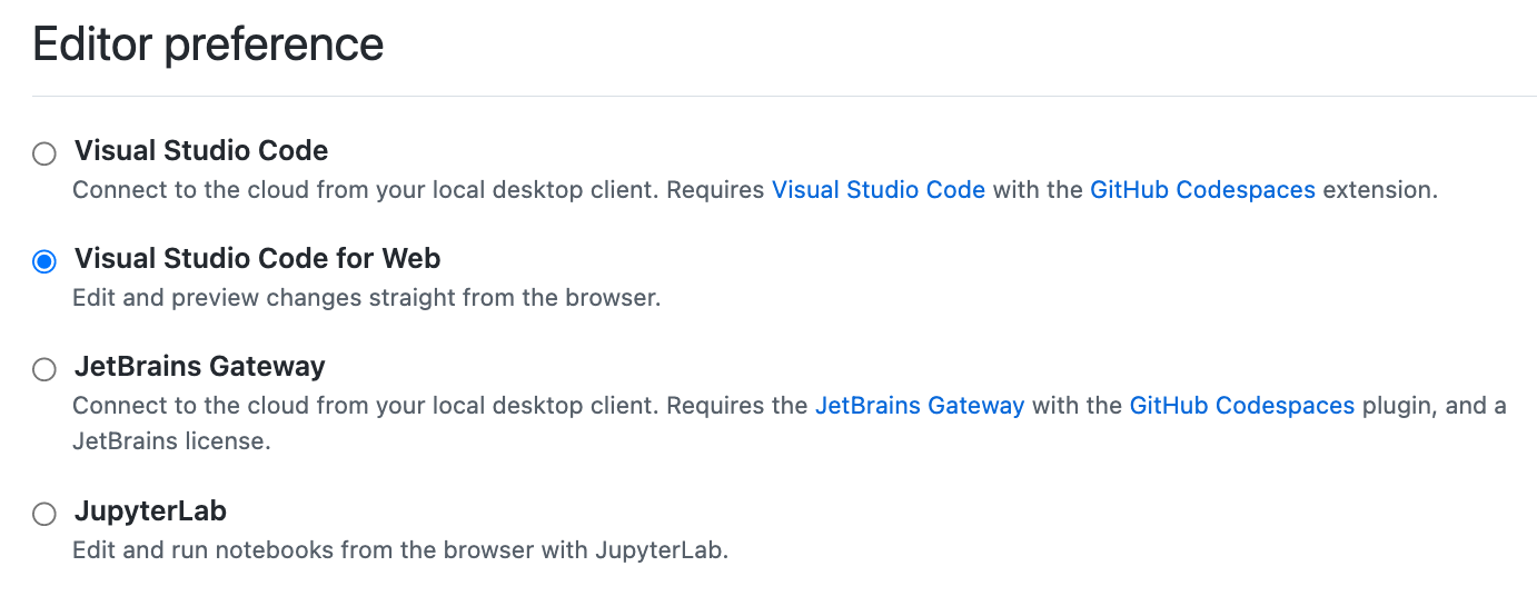 Captura de tela das opções "Preferência do editor", com "Visual Studio Code para Web" selecionado.