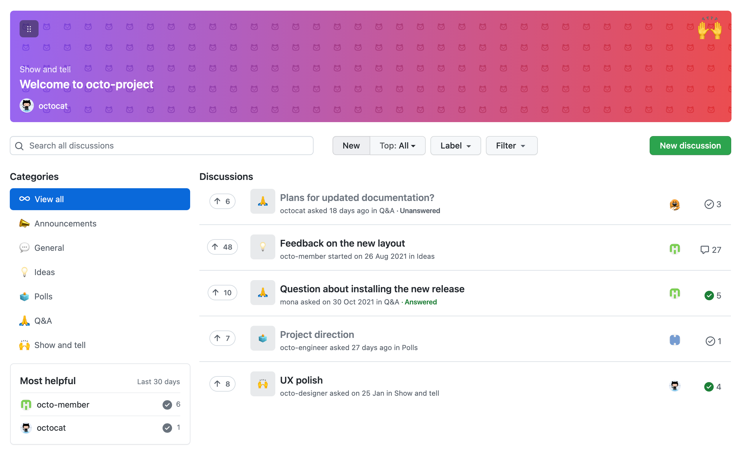 Снимок экрана: страница "Обсуждения" для репозитория GitHub с списком обсуждений, таких как "Отзывы о новом макете" и "Направление проекта".