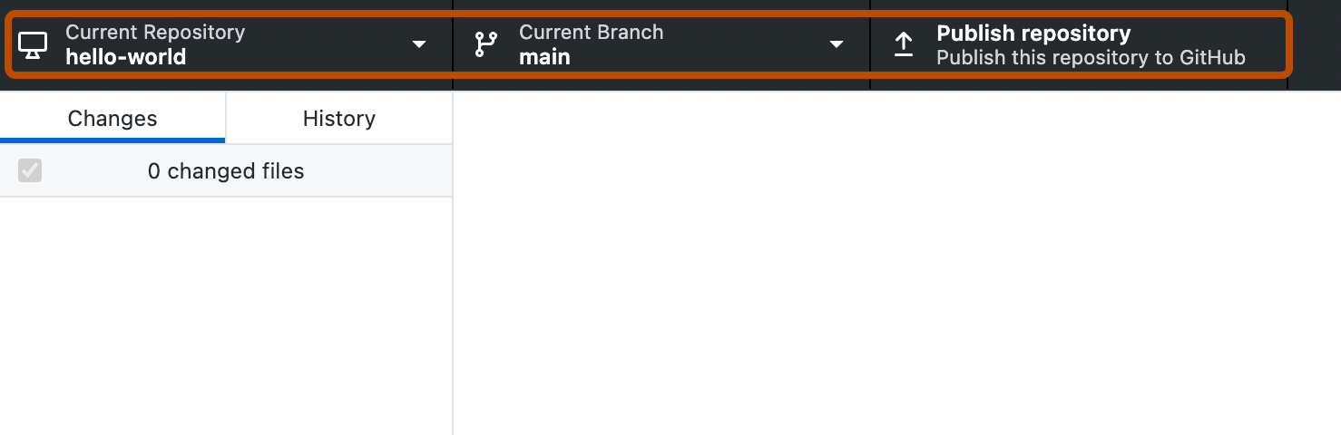 Captura de pantalla de la aplicación GitHub Desktop. Una barra que muestra los detalles del repositorio "hello-world" abarca la parte superior de la ventana y se destaca en naranja.