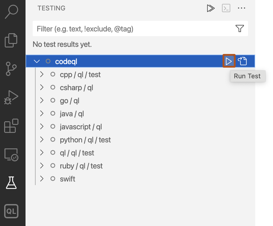 Captura de tela do modo de exibição "Testes", com o botão "Executar Teste" (para executar todos os testes) destacado em laranja-escuro.